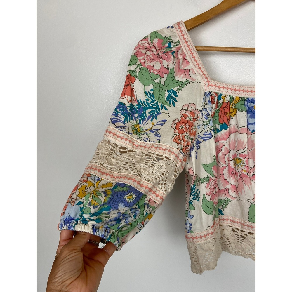 Christian Siriano Linen Blend Floral Top S Lace Trim Boho Babydoll Squared Neck - Picture 4 of 9